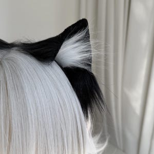 Op de afbeelding: Zwarte en witte kattenoren, met een zachte textuur. De oren zijn zwart aan de buitenkant en wit aan de binnenkant, met een zacht, harig uiterlijk. De oren zijn bevestigd aan een pruik met wit haar.