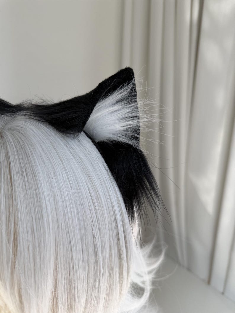 Op de afbeelding: Zwarte en witte kattenoren, met een zachte textuur. De oren zijn zwart aan de buitenkant en wit aan de binnenkant, met een zacht, harig uiterlijk. De oren zijn bevestigd aan een pruik met wit haar.