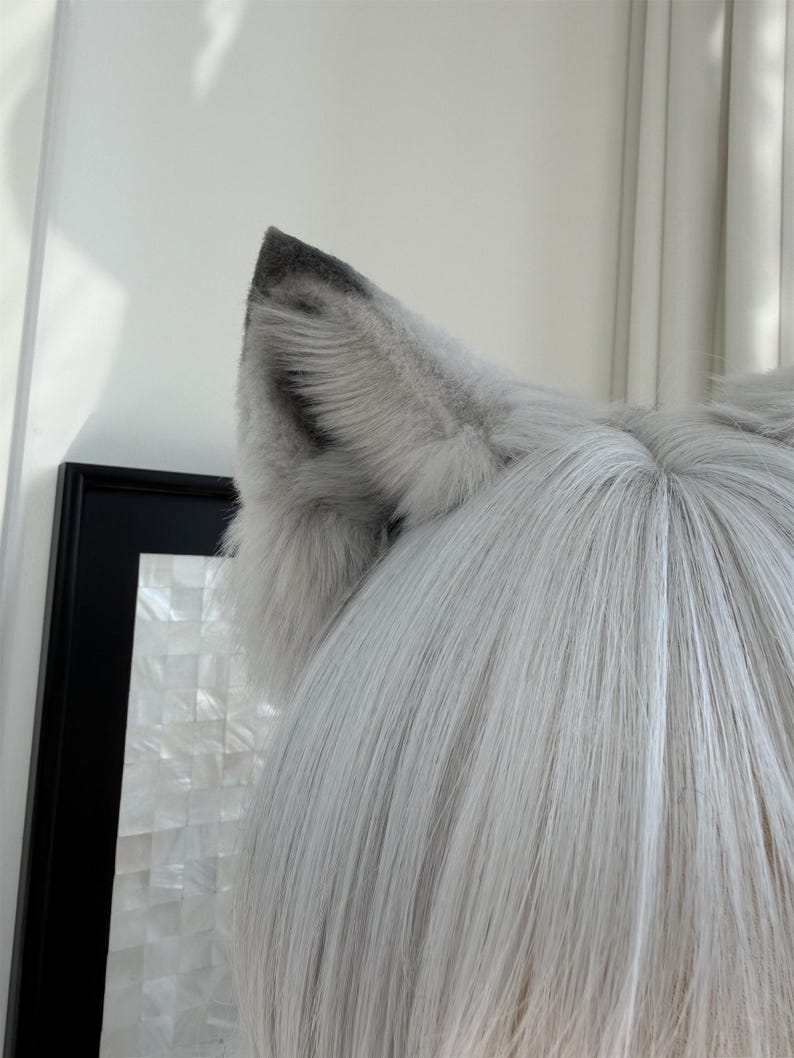 Puede incluir: Primer plano de un par de orejas de lobo de piel sint&eacute;tica gris y blanca. Las orejas tienen puntas grises m&aacute;s oscuras y est&aacute;n unidas a una peluca con pelo largo, liso y gris claro. La imagen destaca la textura de la piel.