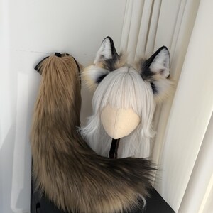 May include: A cosplay set featuring a faux fur tail and ears. The tail is a blend of brown and tan, while the ears have black tips and a white interior. A wig with white hair is also included.