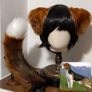 Beaglehundöron och svans-kit, anpassad färg tillgänglig, cosplayhund, nedhängande hundöron, hängande öron, trefärgad beaglesvans, fuskpäls