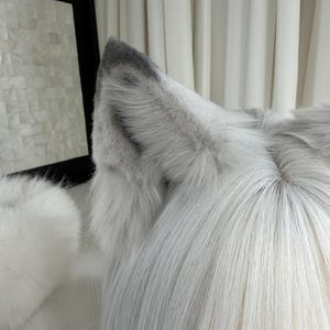 Puede incluir: Primer plano de un par de orejas de lobo de piel sint&eacute;tica gris y blanca unidas a una peluca con pelo largo, liso y gris claro. Las orejas tienen un interior gris m&aacute;s oscuro y son esponjosas. Un accesorio blanco y esponjoso es visible a la izquierda.