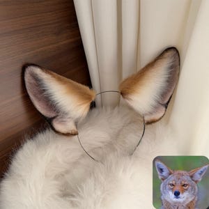 May include: A pair of faux fur coyote ears attached to a thin black headband. The ears are tan, brown, and white, with a fluffy texture. The ears are resting on a white, fluffy surface. A small image of a coyote is in the bottom right corner.
