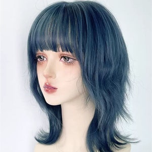 Blue Irregular Length Mullet Wig, Y2K Blue Irregular Fluffy Short Wig ...