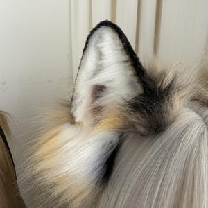 May include: A pair of faux fur wolf ears in black, white, and tan. The ears are attached to a light-colored wig. The ears have a realistic design with a black tip and a white interior.
