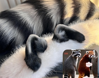 Raccoon Ears and Tail Set, Custom Color Available, Cosplay Raccoon, Grey Raccoon Ears Headband, Fluffy Striped Raccoon Tail, Faux Fur, Furry