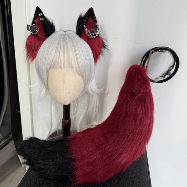 Ensemble oreilles et queue de loup gothique, loup cosplay, serre-tête oreilles de loup rouge noir, queue de loup rouge noir, Halloween, fausse fourrure, combinaison de fourrure, fourrure