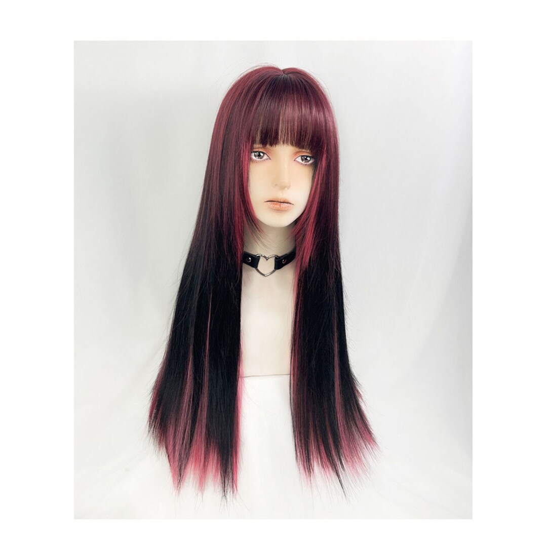 Y2K Style Black Pink Long Wig, Black Pink Long Straight Wig, Girl Cool