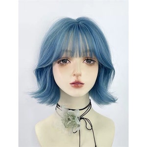 Y2K Blue Wig With Bangs, Blue Playful Curly Short Wig With Bangs, Pastel Blue Short Curly Wig, Women's Blue Short Wigs, Girl Blue Wig.