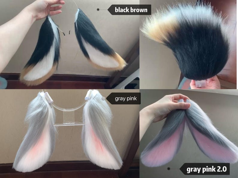 May include: A collection of faux fur animal ears in various color patterns. The black brown set features black, white, and tan fur. The gray pink set displays light gray fur with pink inner accents, shown both on a clear stand and held by hand.