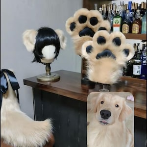 Golden Retriever Dog Ears and Tail Set, Custom Color Available, Cosplay Golden Retriever Dog, Dog Fluffy Paws Gloves, Fluffy Dog Tail image 2