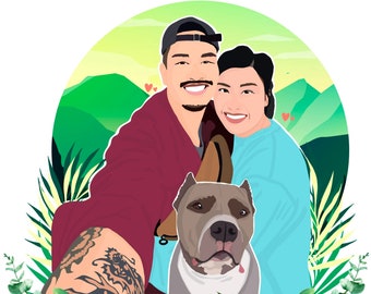 Custom Portrait Painting From Photos - Couple Cartoon Portrait - Personalized Artwork - Digital Family Illustration With Pets