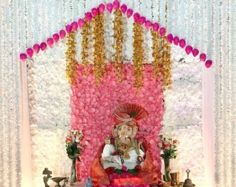 Decoración del templo Ganpati, telón de fondo de jazmín, guirnalda de flores, decoraciones florales de bodas indias, decoración Rakshabandhan Pooja, decoración Haldi Mehndi