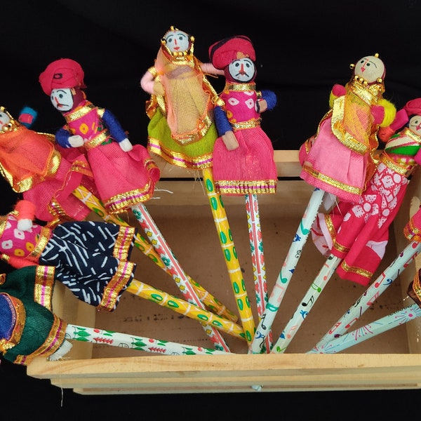 Rajasthani Couple Handmade Wooden Puppet Pencil, Indian Doll Pencil, birthday party gifts for kids, kids favors