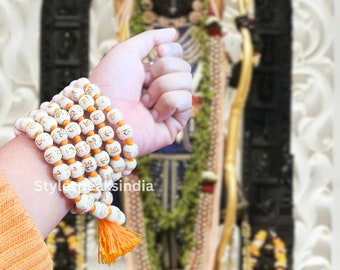 Tulsi  108 Prayer Beads Mala Necklace, Knotted Wood Rosary, Indian Krishna Mala, Hindu Mantra Jaap  Wearing  Natural Tulsi Beads Mala