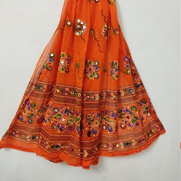 Indian Wedding Cotton  Dupatta, Orange  Handmade  Embroidered Dupatta With Mirror Work, Cotton Stole, Neck Wrap, Hijab, Women Gift,