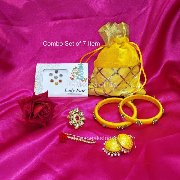 Lot Of Combo Set For Mehendi Favours & Wedding Return Gifts,Sangeet Potli Bag with Bangles, Ring, Earring, Sari Pin, Juda Pin, Bindi