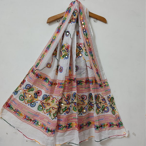 Thanks giving Gift, White Indian Cotton Multi Color Embraided Handmade Dupatta With Traditional Mirror Work Gift For Sister.