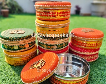 Holi Happiness 250g Steel Ladoo Box - Desi Gift,Mithai and More, Indian Favor Boxes for Festive Celebrations, Unique Puja and Mehendi Favors