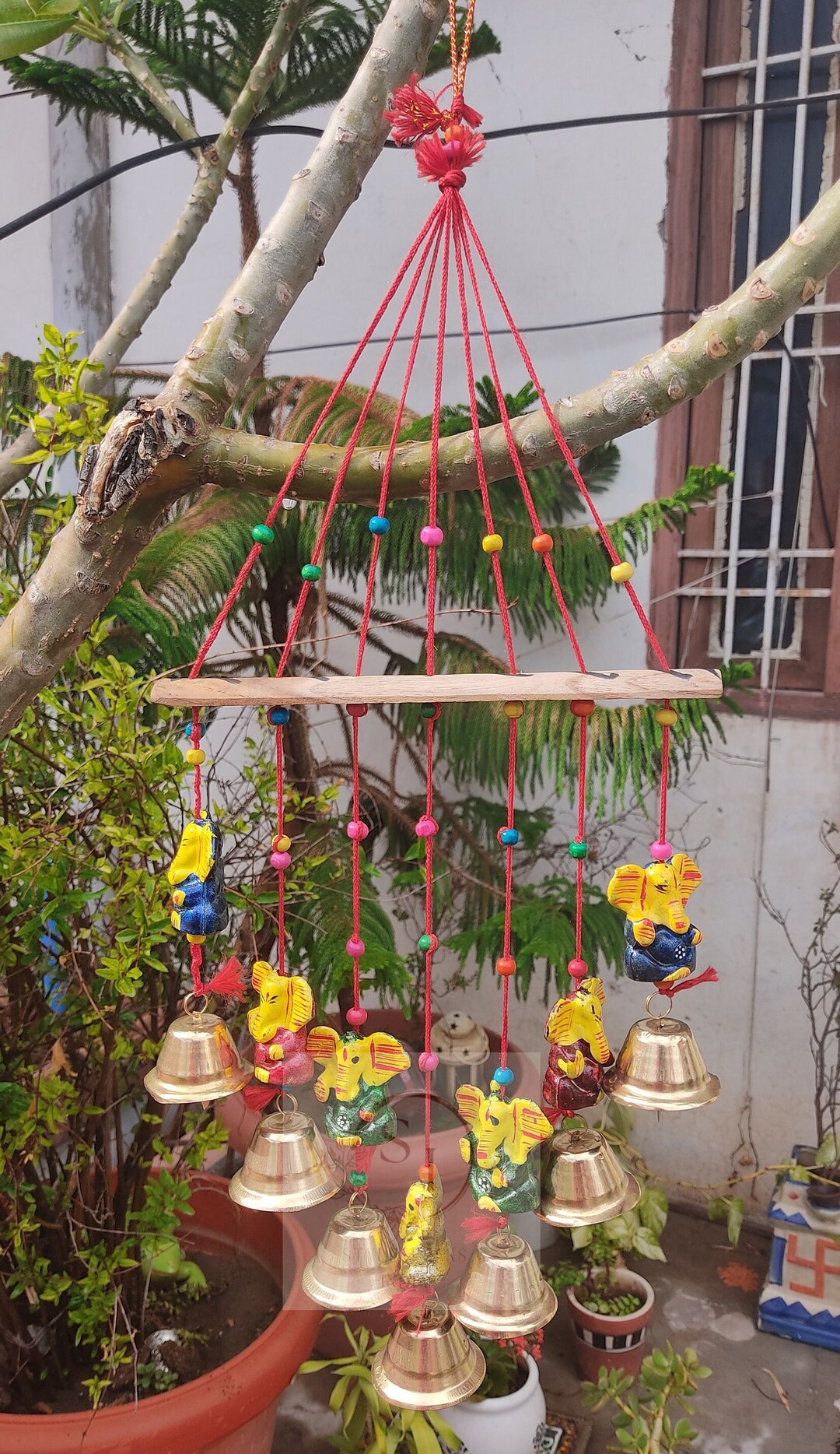 Rajasthani String Wind Chime Door Wall Hanging Decoration Elephant Ganeshji & Bell With Beads