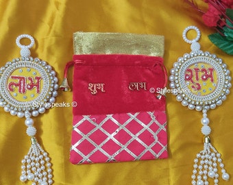 Diwali Gift Combo Pack Embroidered Velvet Clutch Bag with SHUBH-LABH Pair Perfect for Diwali, Christmas, and Housewarming, Free Shipping