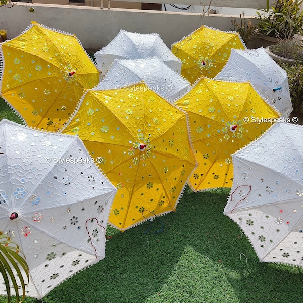 Wholesale Lot for Indian Weddings And Party Décor Cotton Umbrella, White, Yellow Embroidery Umbrellas Parasol, Free Shiping