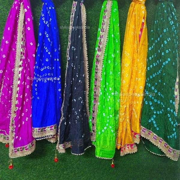 Wholesale Lot Rajasthani Bandhej Dupatta with Gota Work,Latkan Detailing Assorted Vibrant Solid Colors Luxurious Silk,Rakhi, Wedding Favor