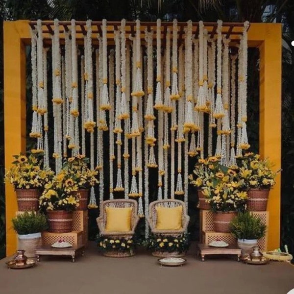 Guirlande de souci écologique avec bouquets de tubéreuse et de souci pour mariage, décoration Haldi, Mehndi, décoration d'intérieur, tenture murale, livraison gratuite