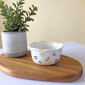 Flower Shaped Ceramic Bowl with Rainbow Polka Dot Flowers | Chippy Bits, Home Decor, Tiered Tray, Serving Piece, Dottie Bowl