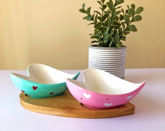 Two Heart Shaped Valentine Polka Dot Ceramic Bowls with Bamboo Plate | Chippy Bits, Home Decor, Tiered Tray, Serving Piece, Heart Shape