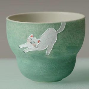 Tazza verde stile giapponese con gatto bianco immerso a mano 100 ml, tazza da tè