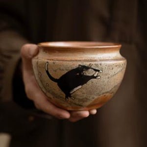 Ciotola in ceramica giapponese con gatto nero, 360 ml, stile giapponese Shino Ware