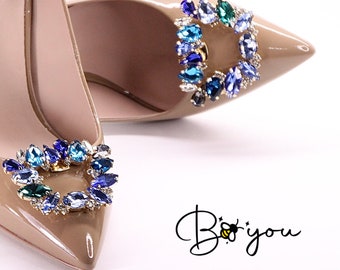 Clips de chaussures bleues Bijoux en or Décoration Unique Élégant Cristal Clair Bal Mariage Mariée Brillant Brillant Occasionnel Cadeau fait à la main pour elle