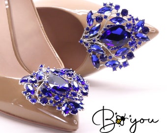 Shoe Clip Royal Blue Silver Jewelry Decoration Unique Vintage Elegant Crystal Prom Party Wedding Bridal Shiny Sparkly Handmade Gift For Her