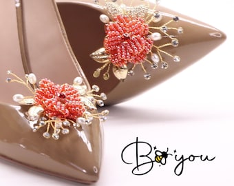 Red Gold Flower Shoe Clips Jewelry Wedding Bridal Decoration Unique Elegant Crystal Pearl Floral Shiny Sparkly Handmade Gift For Her