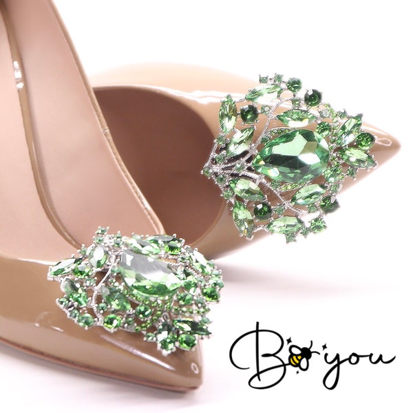 Pinces à chaussures vertes décoration de bijoux en argent Unique vintage élégant cristal bal de finissants mariage mariée brillant brillant cadeau fait main pour elle