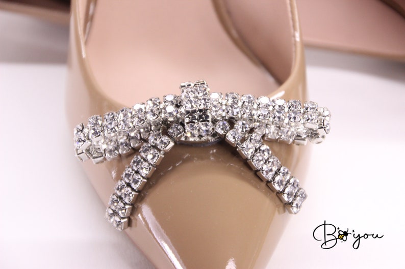Shoe Clips Bow Jewelry Silver Crystals Decoration Unique Elegant Prom Wedding Bridal Shiny Sparkly Casual Handmade Gift For Her image 2