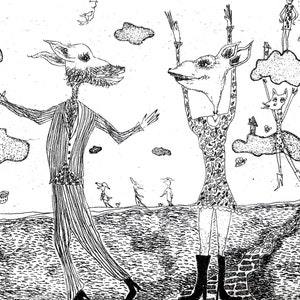 May include: Black and white line drawing of two anthropomorphic animals dancing. The animals are a wolf and a deer. The wolf is wearing a suit and the deer is wearing a dress. The drawing is set against a background of clouds.