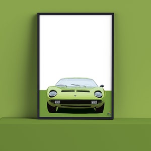 Impressão artística de Lamborghini Miura: Ilustração de carro verde (A4/A3/A2)