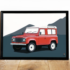 Red Land Rover Defender Art Print: Mountain Illustration