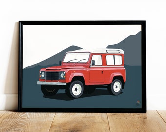 May include: A red Land Rover Defender with a white roof is parked in front of a blue and gray mountain landscape. The vehicle has a black grille and black wheels.