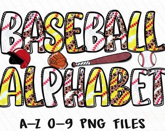 May include: Baseball alphabet clipart with a yellow, brown, and red leopard print design. The letters are outlined in black and the words "Baseball Alphabet" are in a large font. The text "A-Z 0-9 PNG Files" is at the bottom of the image.