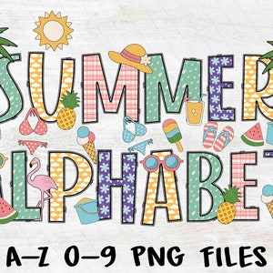Diseño de sublimación de verano png, números de fuente y accesorios png, paquete de alfabeto de garabatos de verano png, letras PNG de verano