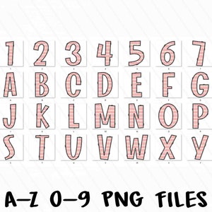 May include: A set of pink and white checkered alphabet and number clipart images. The letters and numbers are outlined in black.  A-Z 0-9 PNG Files.