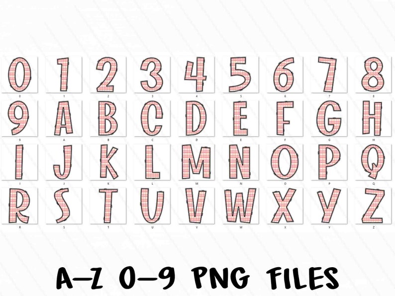 May include: A set of pink and white checkered alphabet and number clipart images. The letters and numbers are outlined in black.  A-Z 0-9 PNG Files.