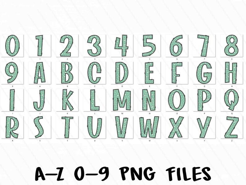 May include: A set of 36 PNG files featuring a green and white polka dot alphabet and numbers. The letters and numbers are in a bold, cartoon-style font. The letters are uppercase and the numbers are in a standard font.