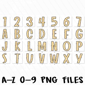 May include: A set of alphabet letters and numbers in a yellow and orange pattern. The letters and numbers are outlined in black and have a slightly rounded font. The letters and numbers are arranged in three rows of ten. The text "A-Z 0-9 PNG FILES" is at the bottom of the image.