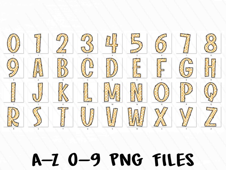 May include: A set of alphabet letters and numbers in a yellow and orange pattern. The letters and numbers are outlined in black and have a slightly rounded font. The letters and numbers are arranged in three rows of ten. The text "A-Z 0-9 PNG FILES" is at the bottom of the image.