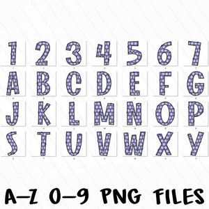 May include: A-Z and 0-9 alphabet and number set with a purple and white snowflake pattern. PNG files.