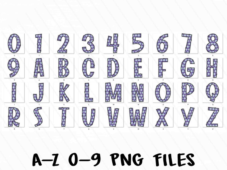 May include: A-Z and 0-9 alphabet and number set with a purple and white snowflake pattern. PNG files.